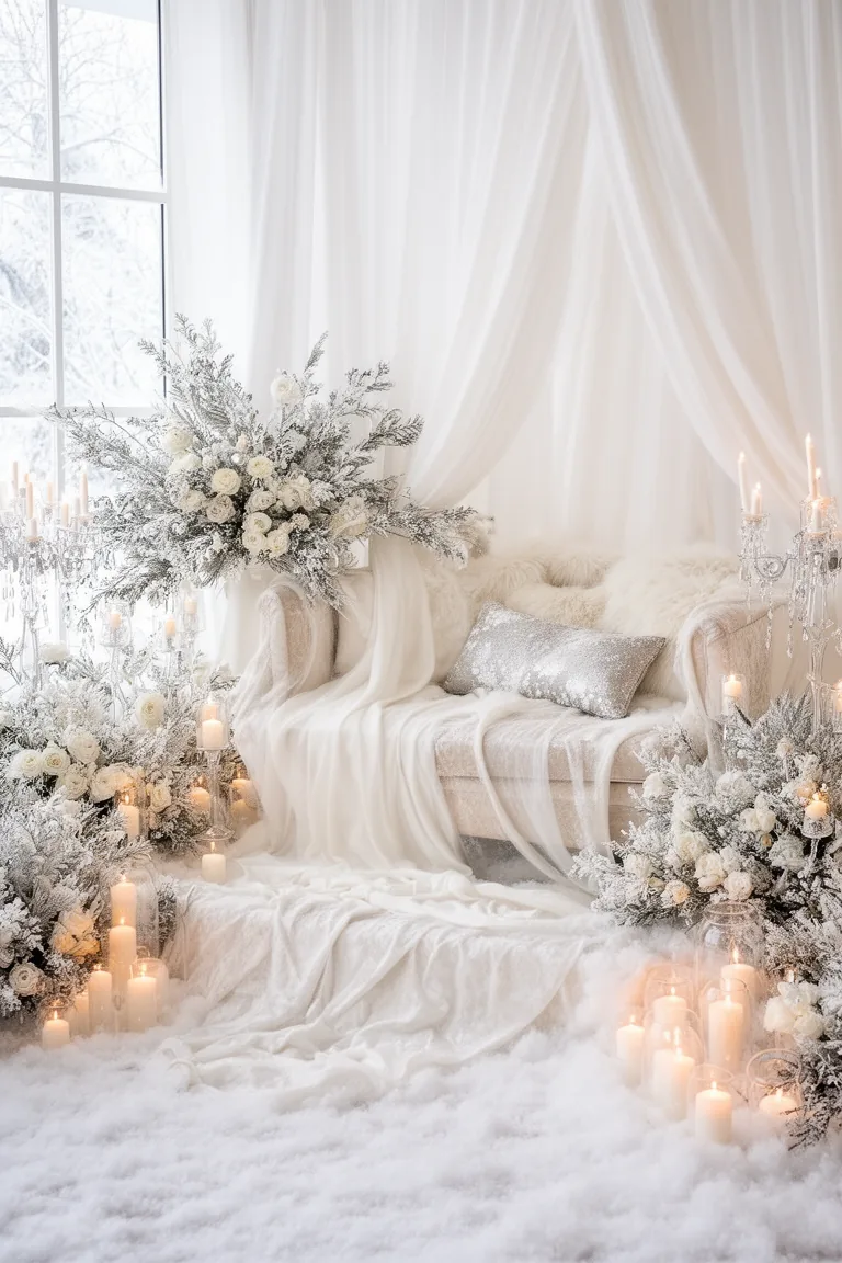 Soft white drapery and velvet layers in a snowy wedding lounge