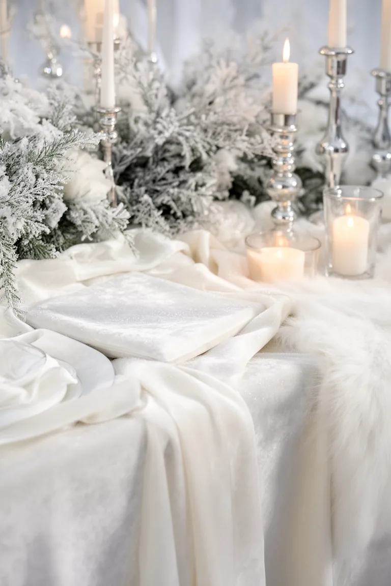 Close up of layered white linen and velvet winter wedding textures