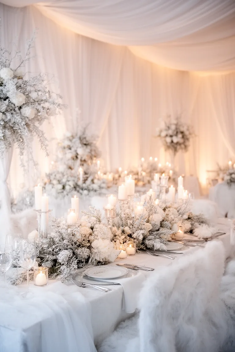Warm white uplighting over white drapery at a winter reception