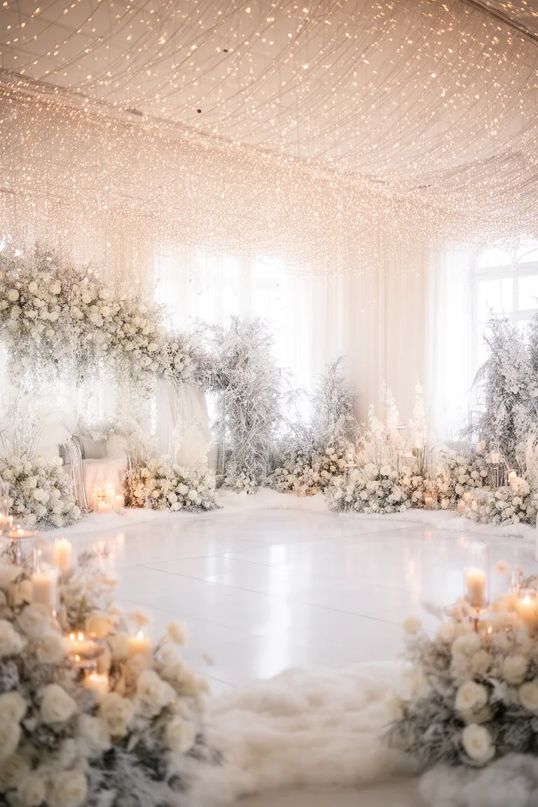 Twinkle fairy light canopy above a winter wedding dance floor
