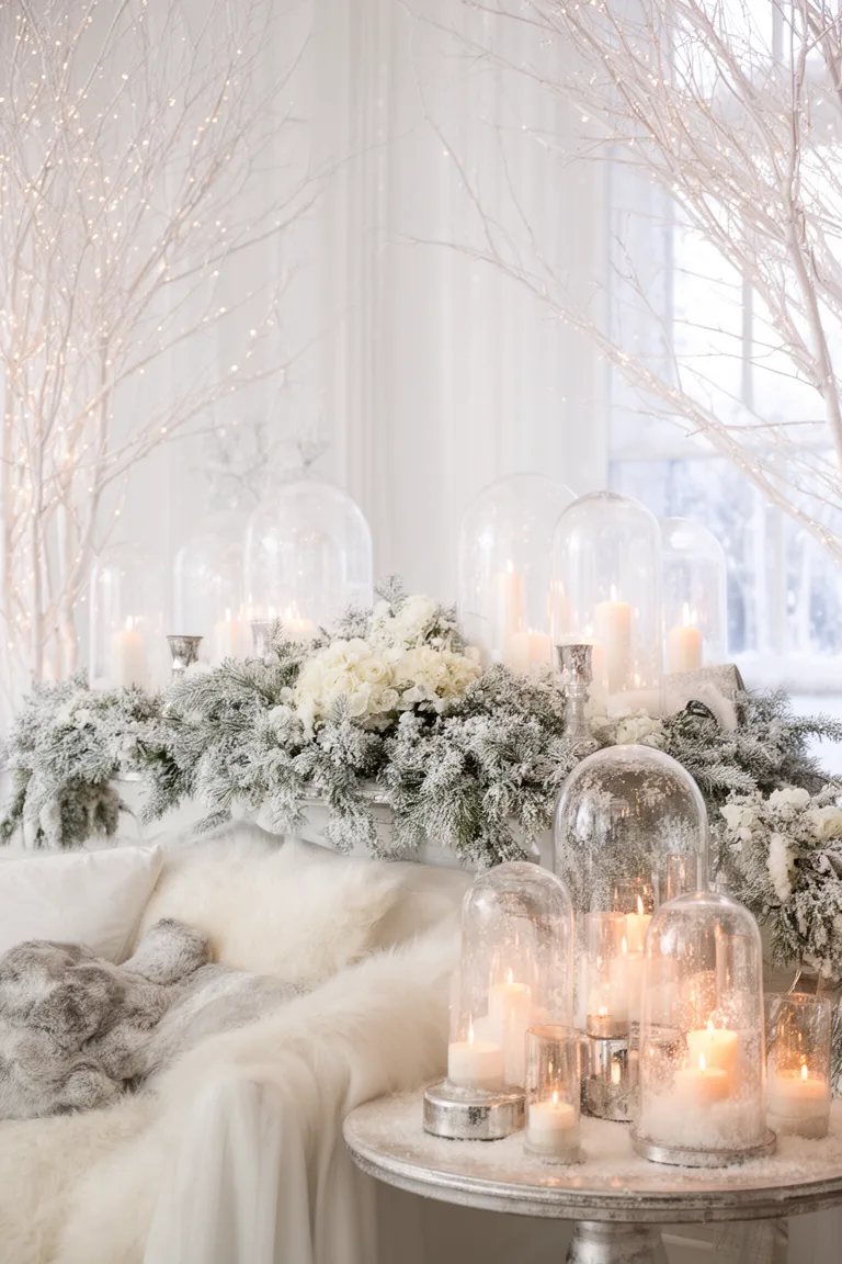 Fairy lights in glass cloches and white branches on side tables