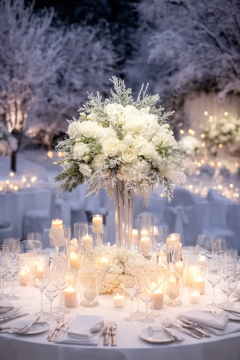 Pin spot lighting on a white floral winter wedding centerpiece