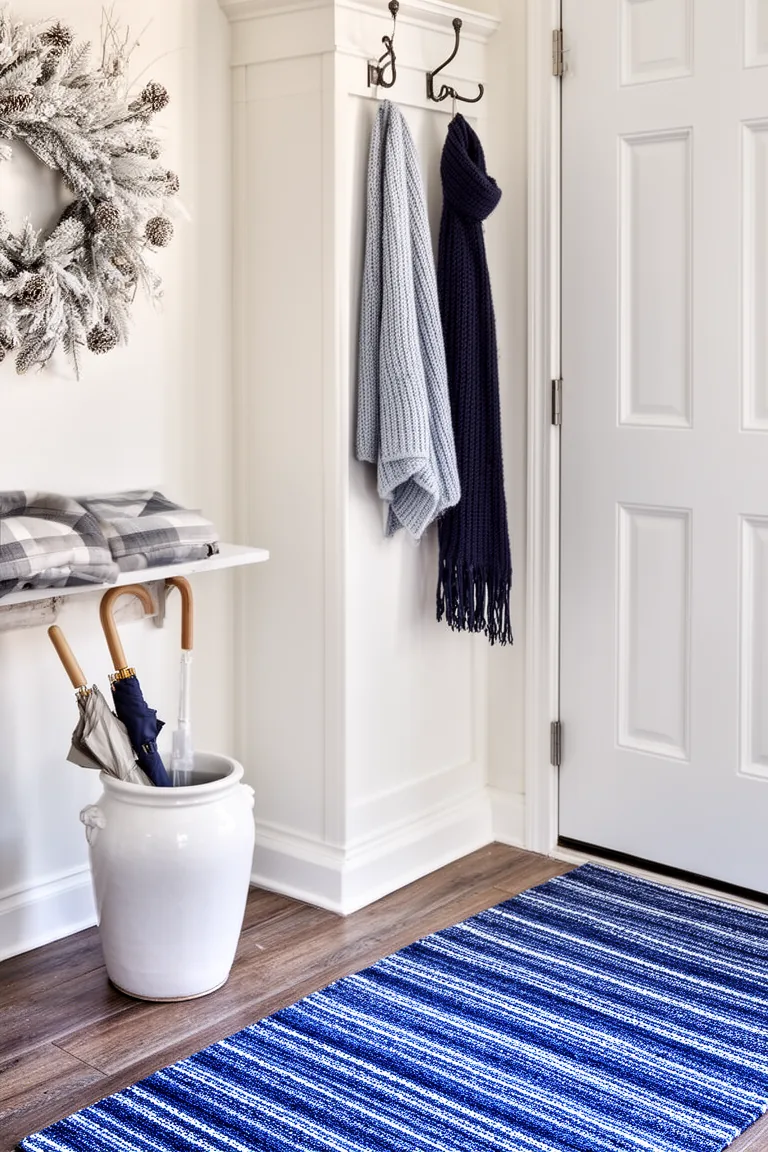 Winter entryway with blue striped runner and navy scarf