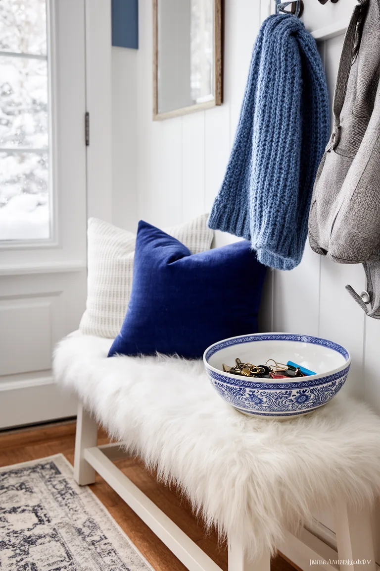 Entry bench with white faux fur and blue and white key bowl