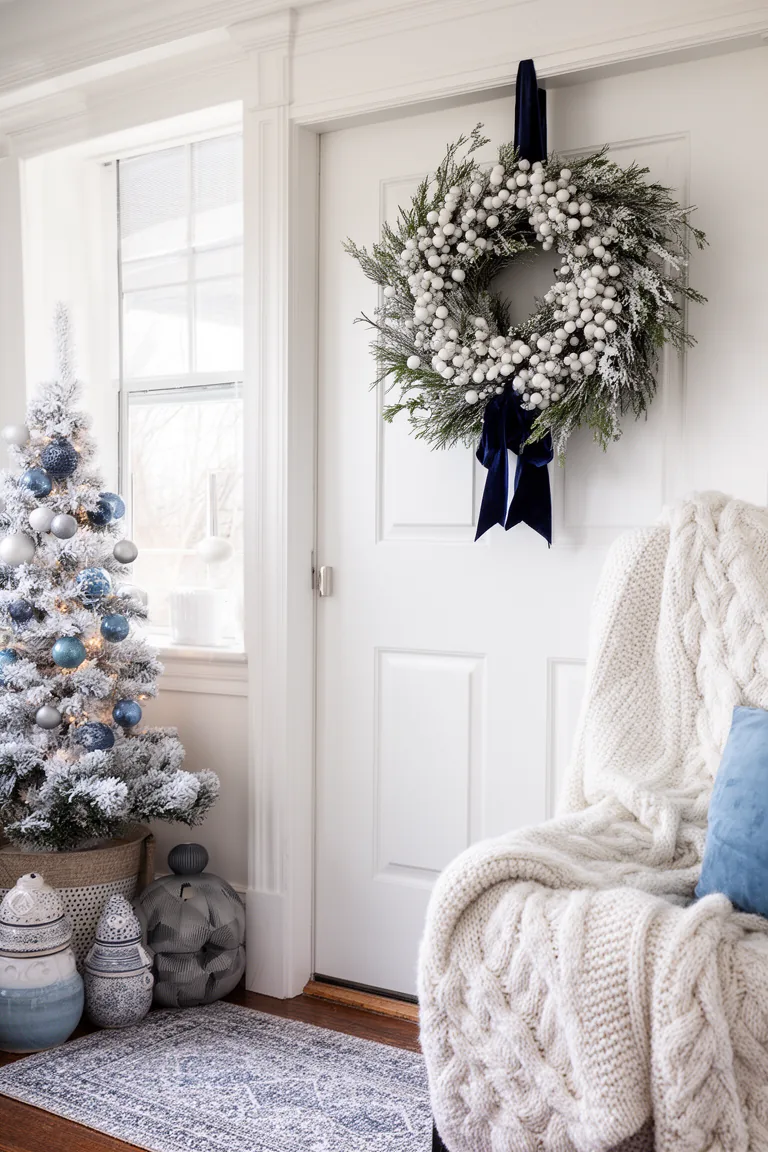 Winter wreath with white berries and navy velvet ribbon at an entry