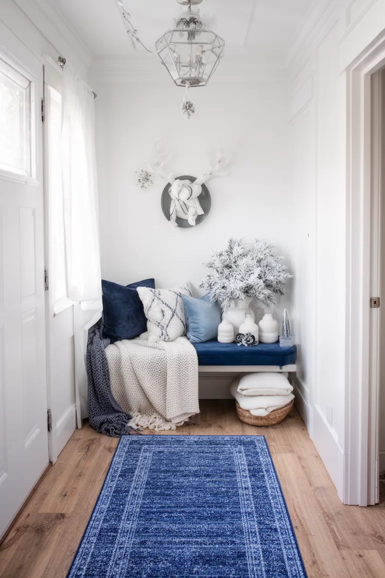 Small blue and white winter foyer in morning light