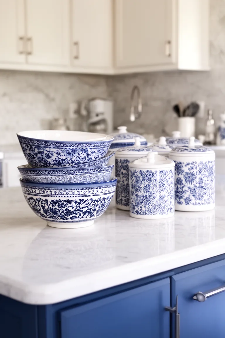 Kitchen counter with blue and white ceramic bowls and canisters