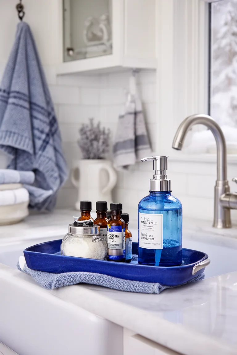 Blue tray with oils and a blue glass soap dispenser