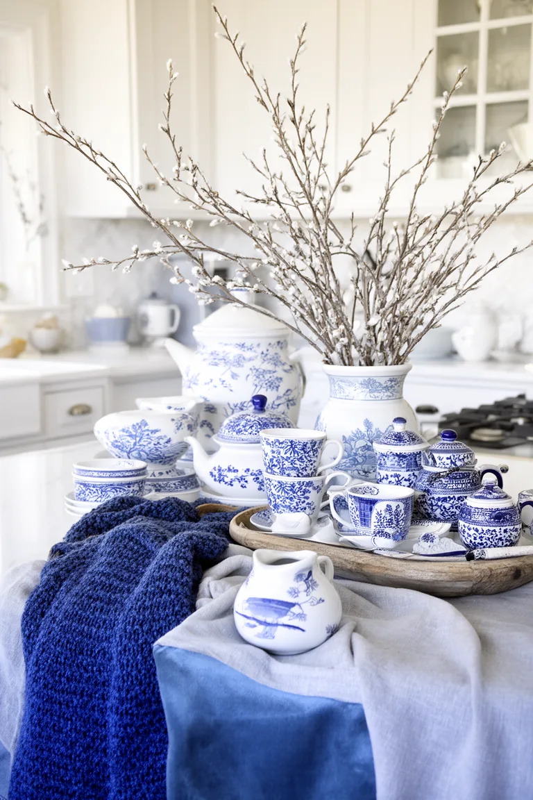 Blue and white kitchen vignette with winter branches
