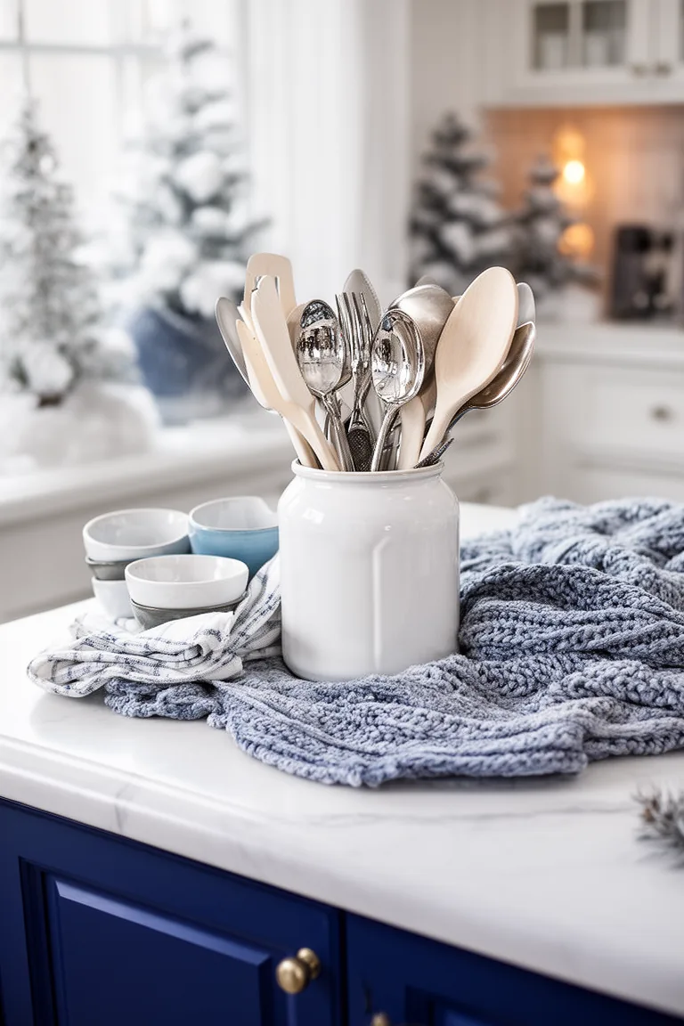 Blue and white kitchen counter with utensil jar