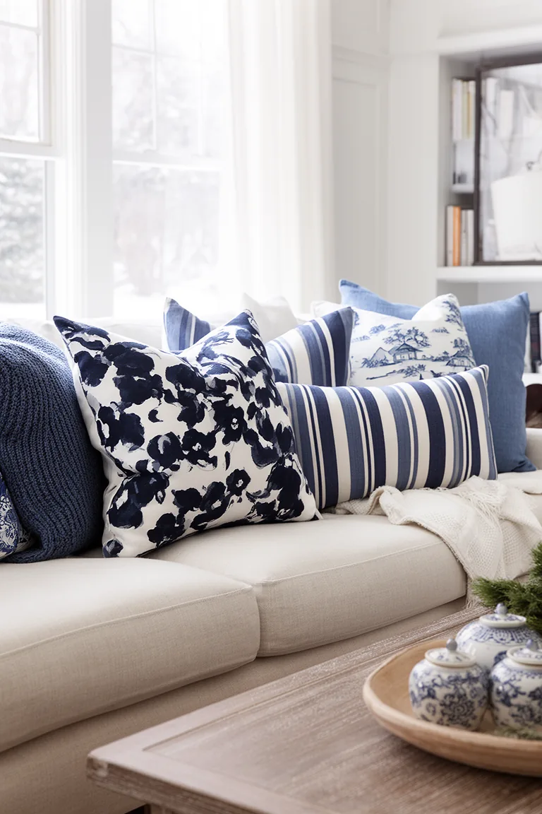 Sofa with navy floral, chinoiserie and stripe pillows