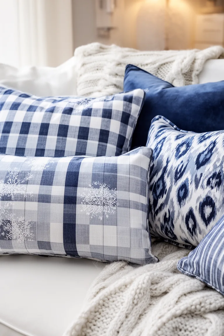 Mixed blue and white patterns: gingham, ikat and snowflake