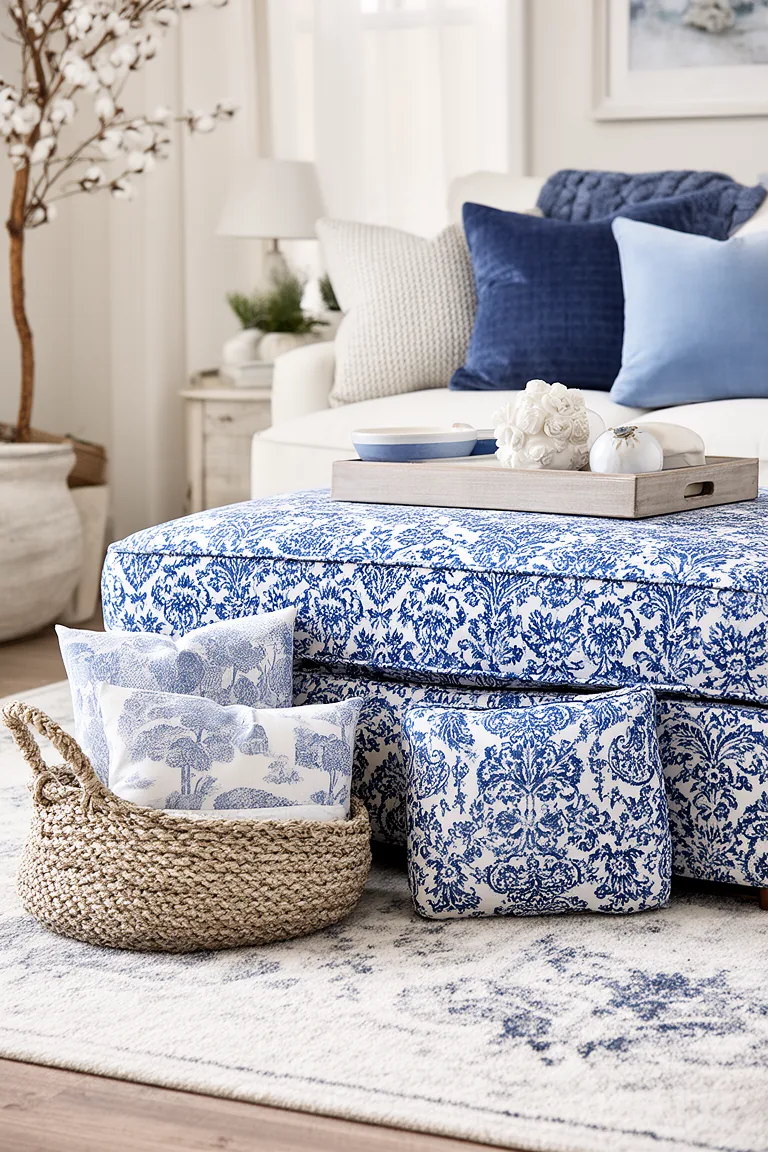 Ottoman layered with mixed scale blue and white patterns