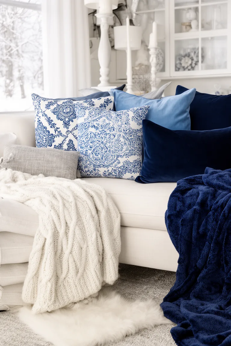 Patterned blue and white cushions grounded by navy