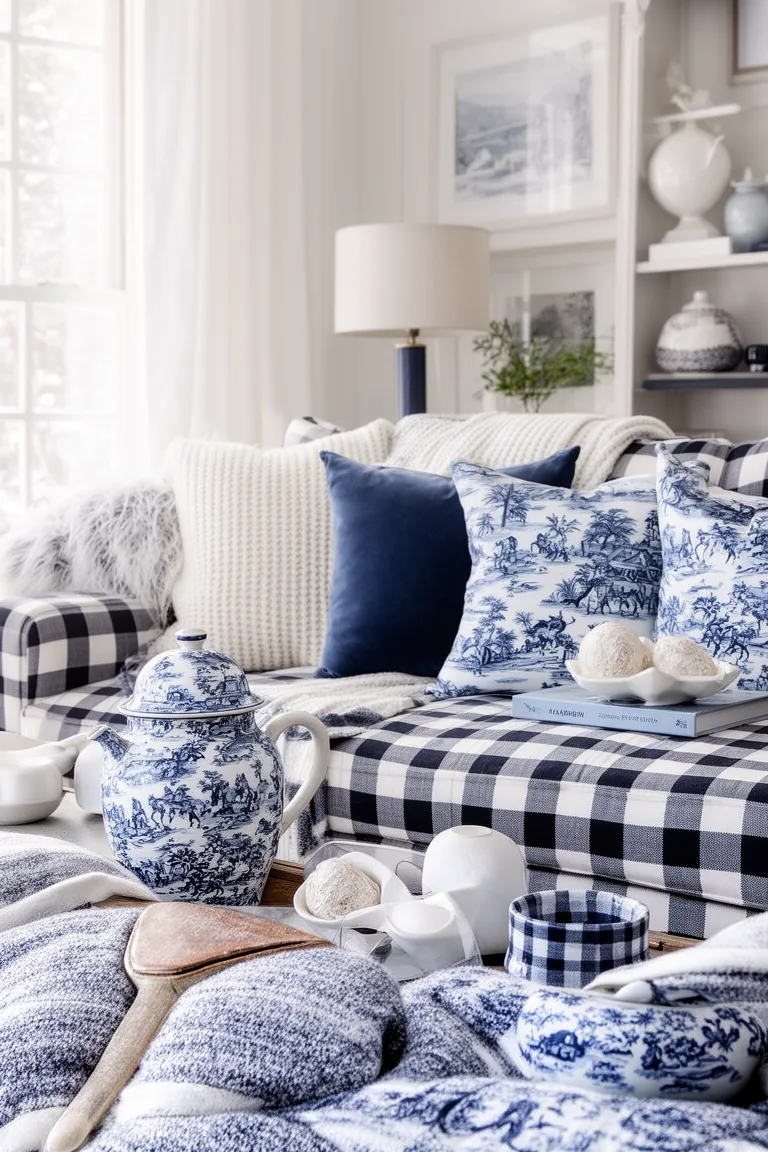 Chinoiserie and check pattern mix in navy and white