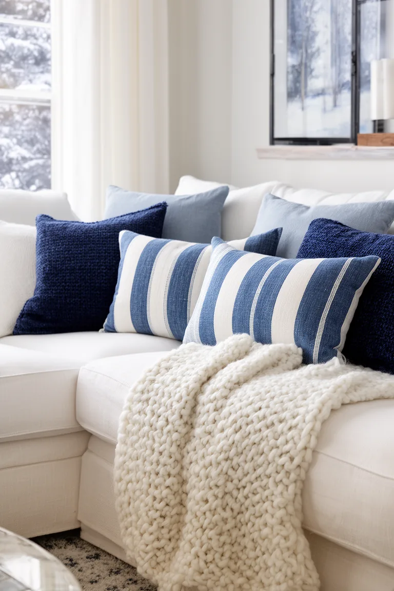 Sofa with blue and white striped pillows and chunky knit throw