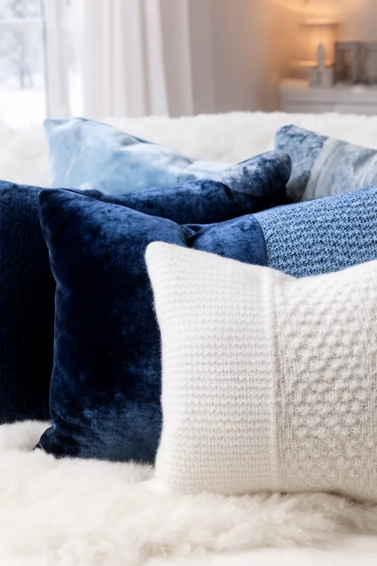 Layered navy and white winter cushions, close up