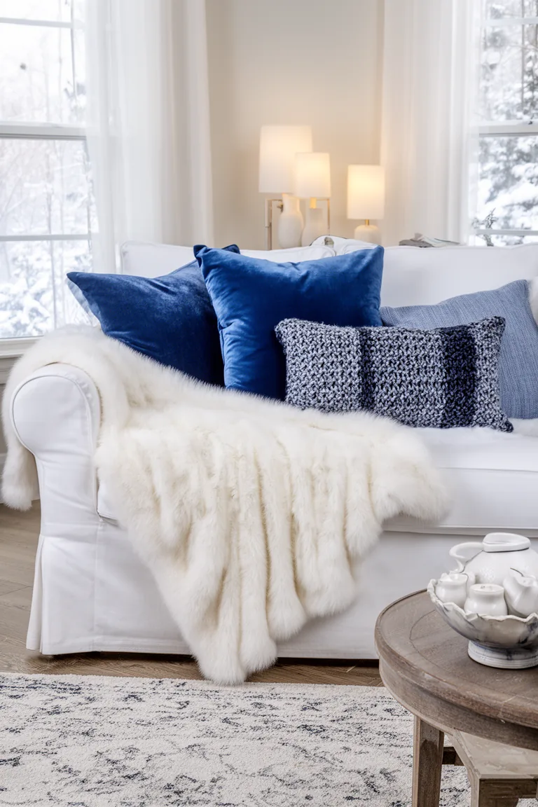 White faux fur throw over a sofa with blue pillows