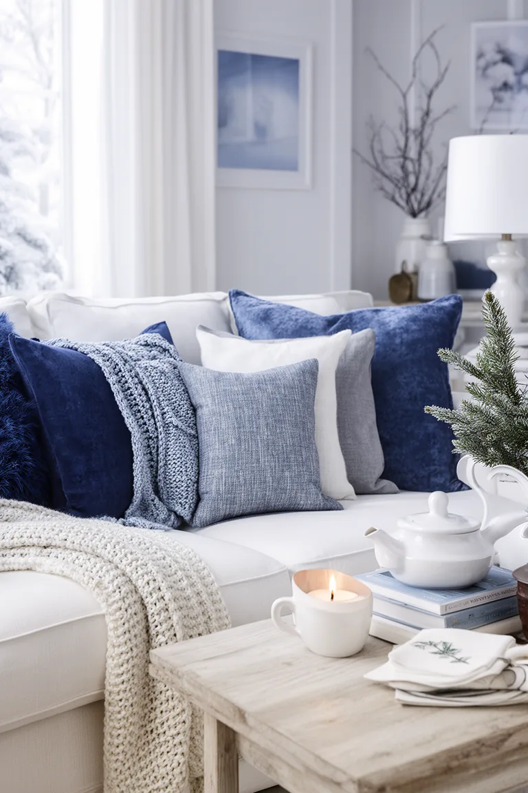 Calm blue and white living room sofa with winter textiles