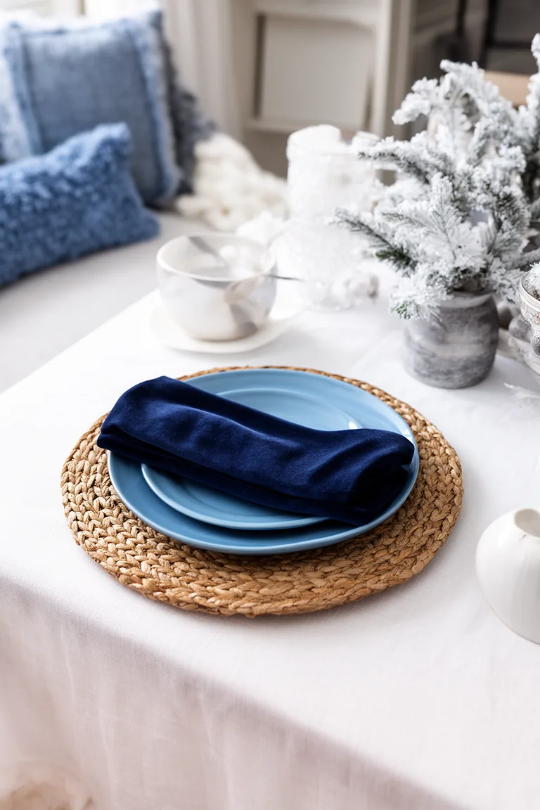 Winter table setting with blue plate and navy napkin, overhead