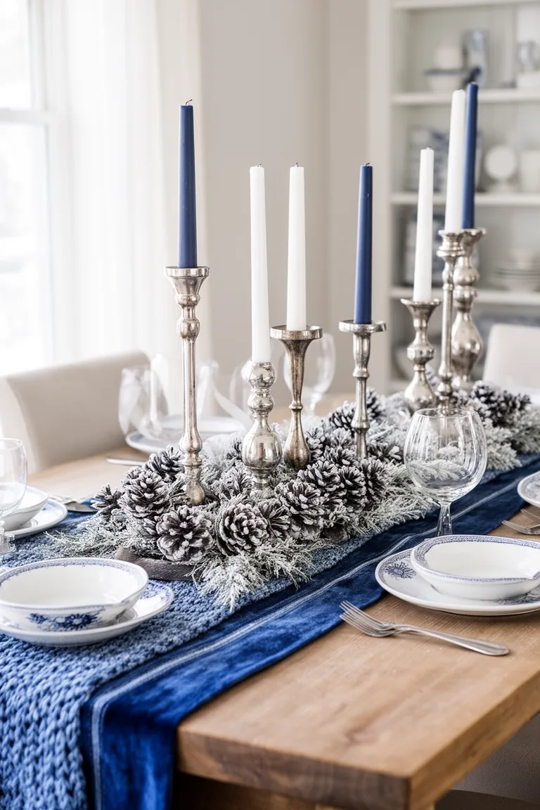 Blue and white winter table with candlesticks and pinecones