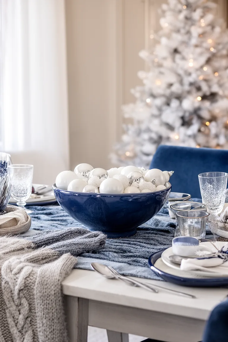 Blue bowl centerpiece with white ornaments on a winter table