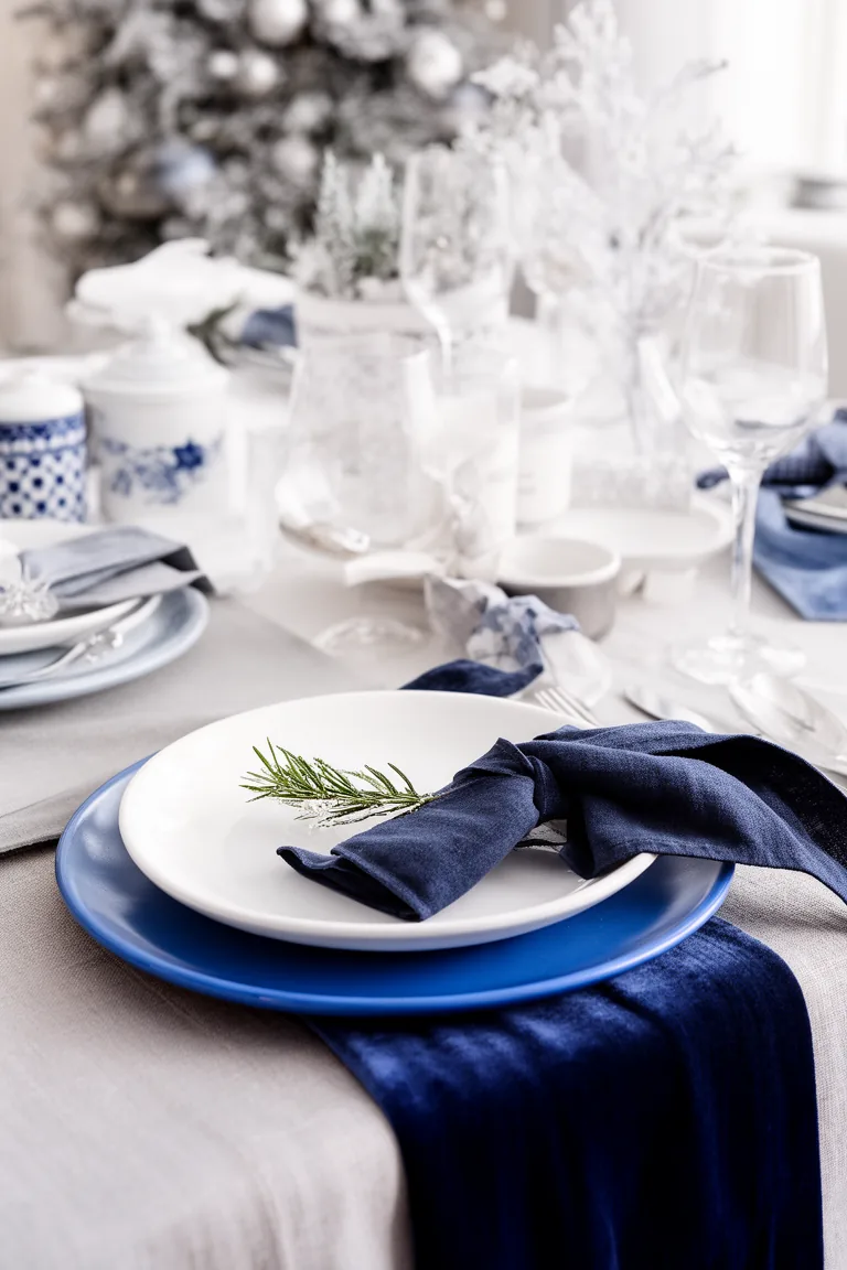 Winter place setting with white salad plate and navy napkin