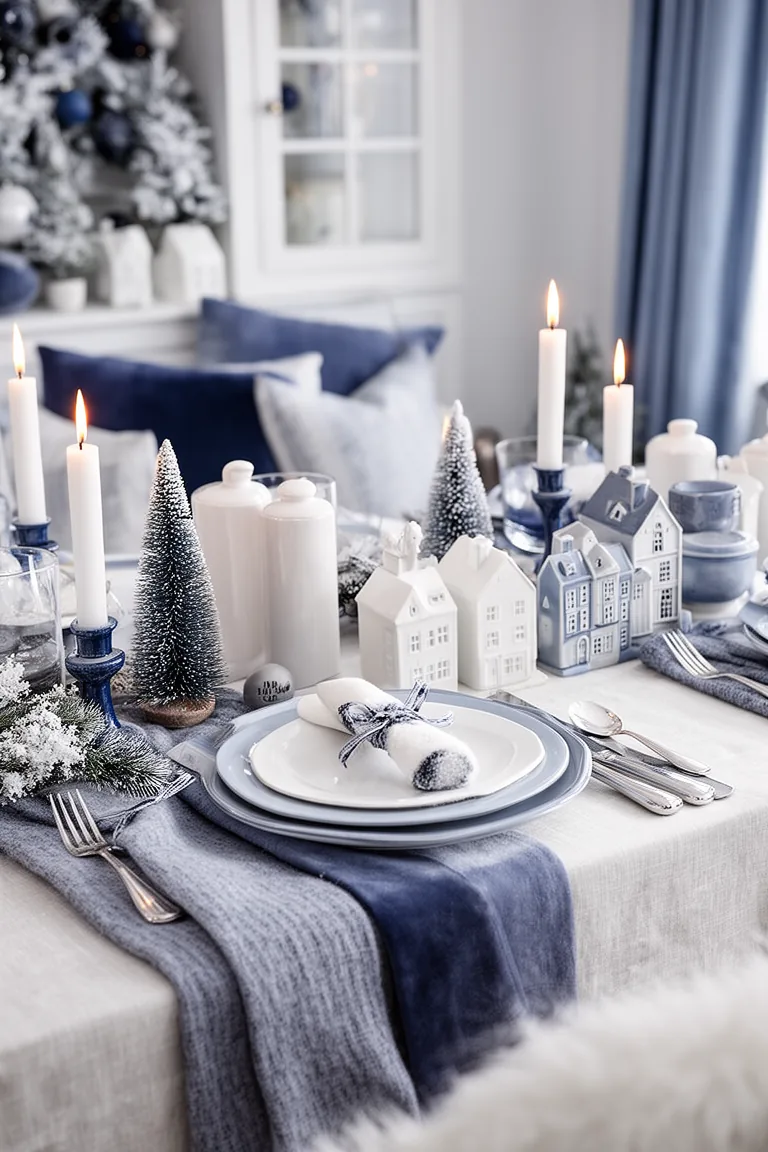 Candlelit blue and white winter tablescape