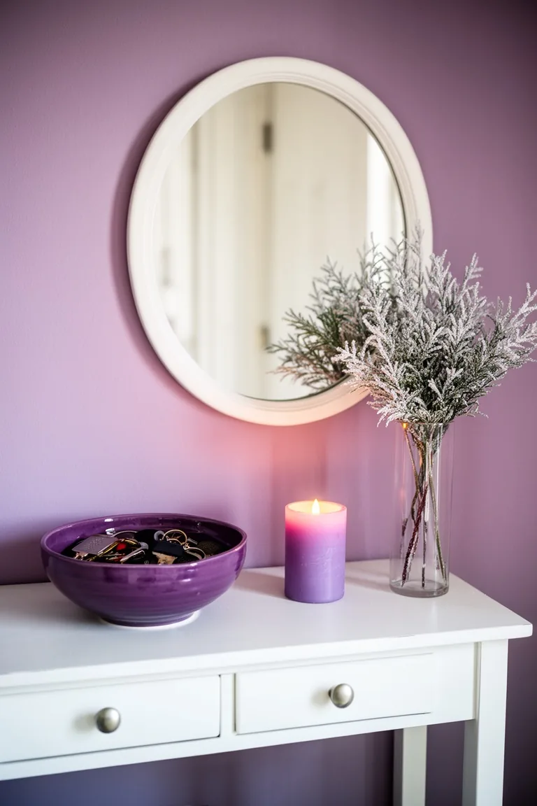 White console with a purple bowl, lavender candle and frosted greenery