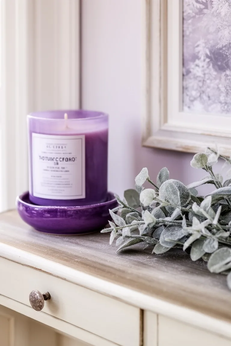 Entry console detail with a lavender candle and a purple ceramic dish