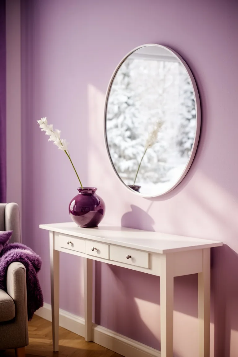White console with a round mirror, plum vase and a single white stem