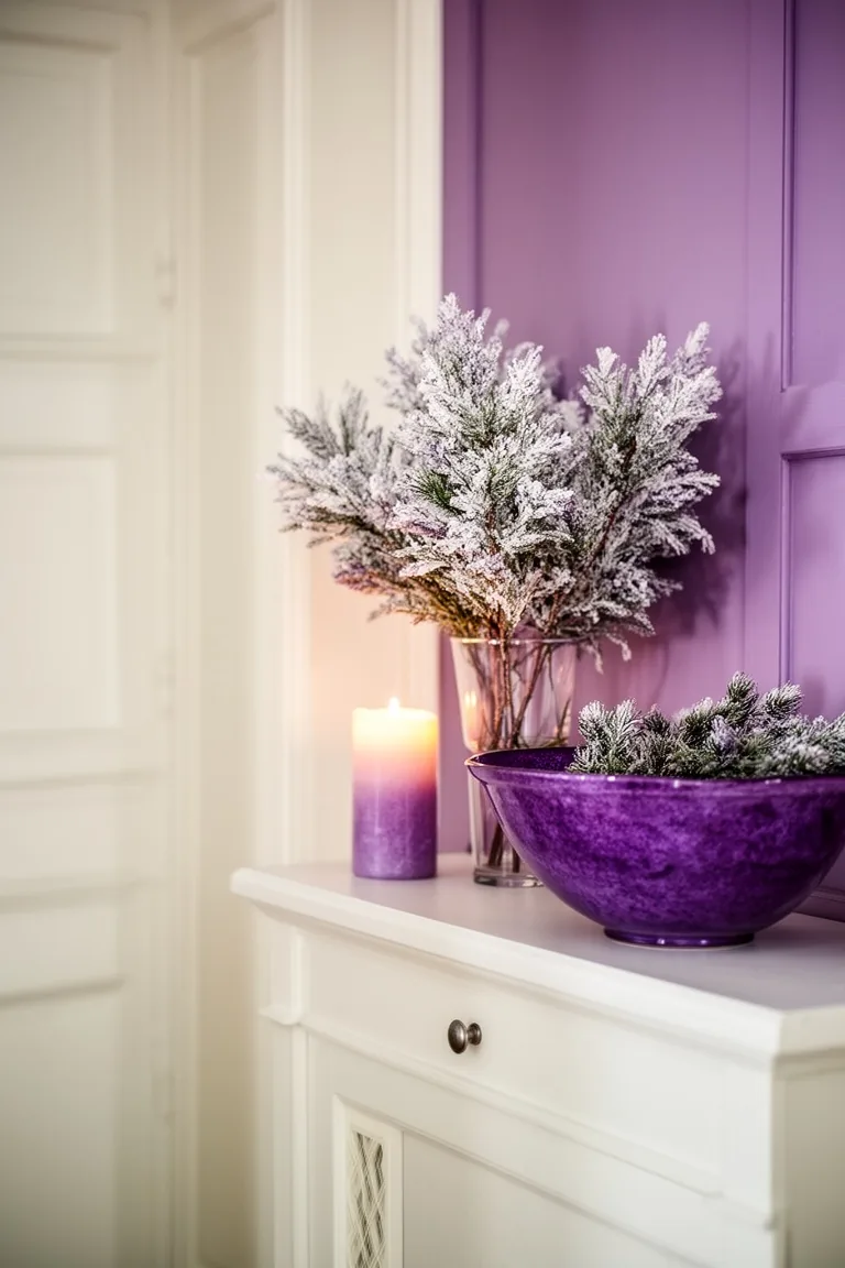 Welcoming foyer detail in soft whites, lavender and a purple bowl
