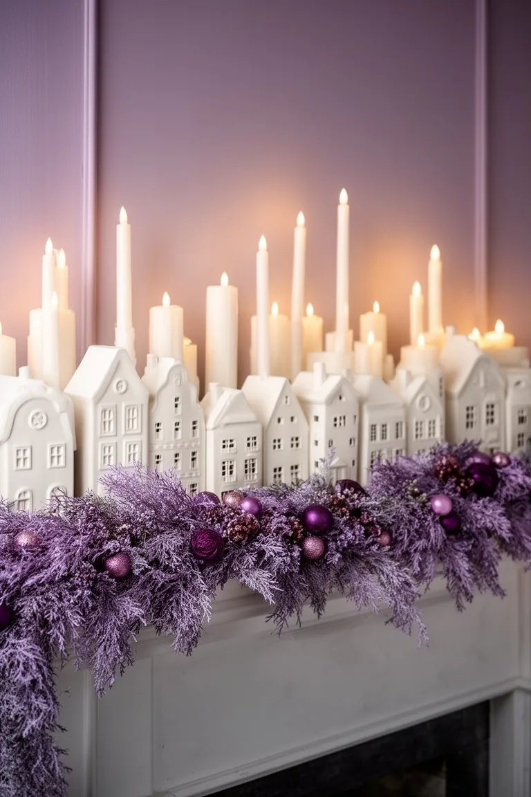 Winter mantel with a lavender garland, white ceramic houses and tapers