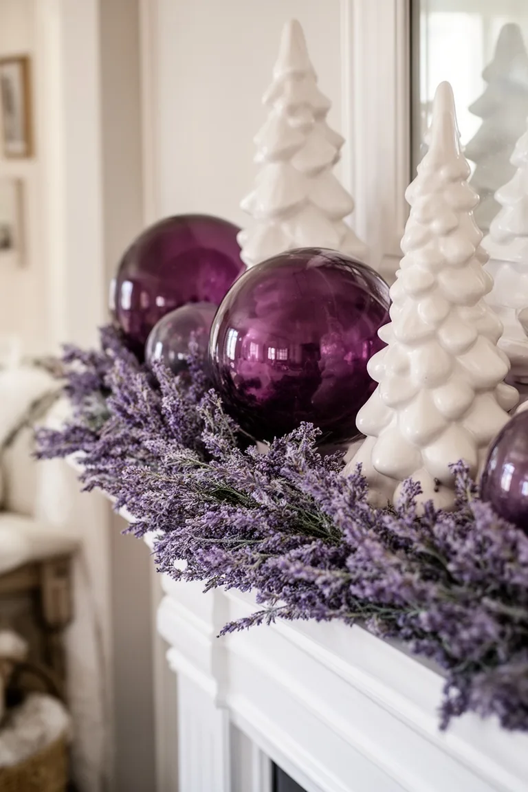 Plum glass orbs tucked among white ceramic trees and a lavender garland