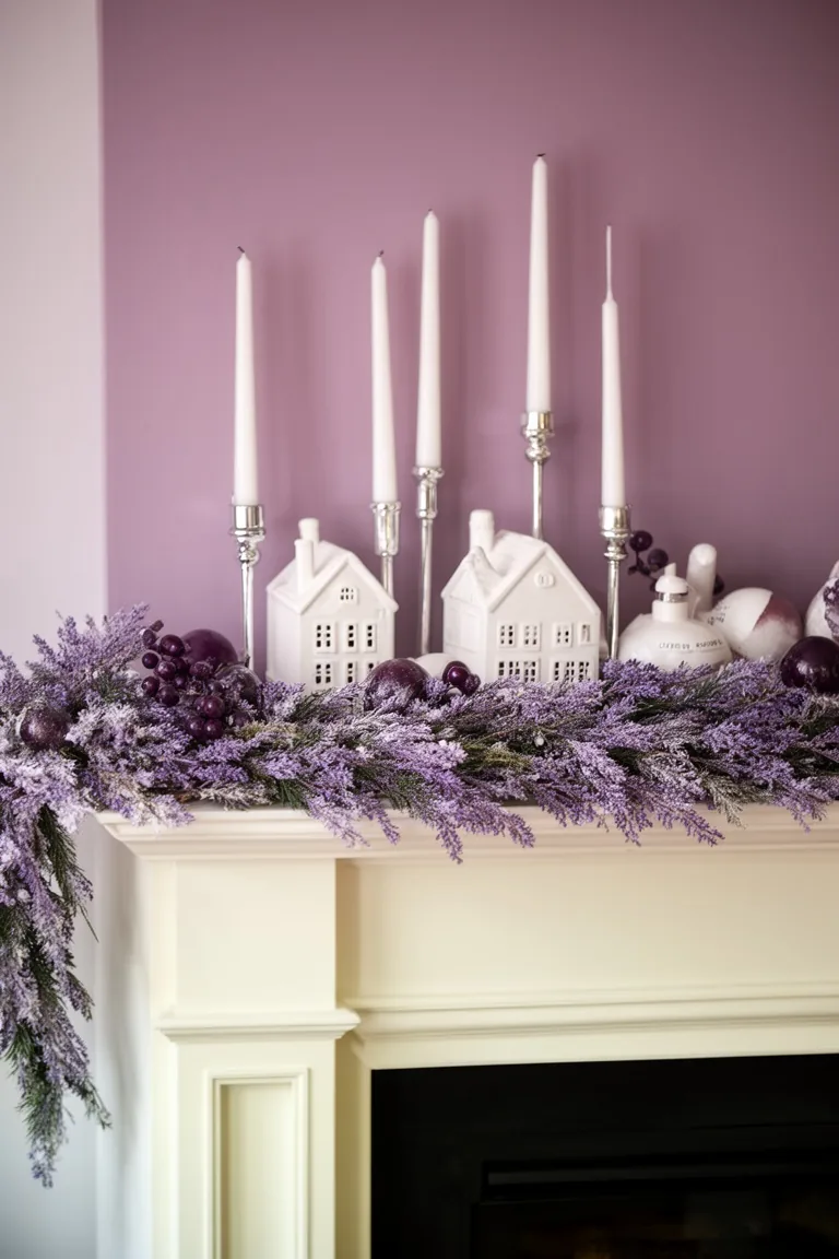 Mantel styled in three heights with garland, houses and tall white candles