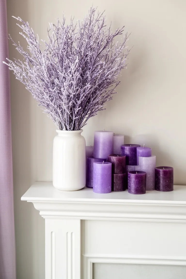 Refined mantel vignette with frosted stems and clustered candles
