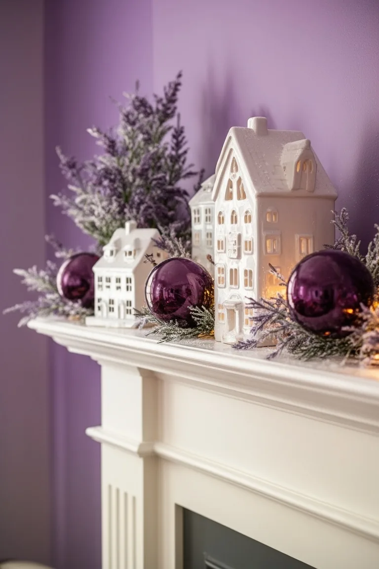 Cozy mantel scene with white village houses and plum glass baubles