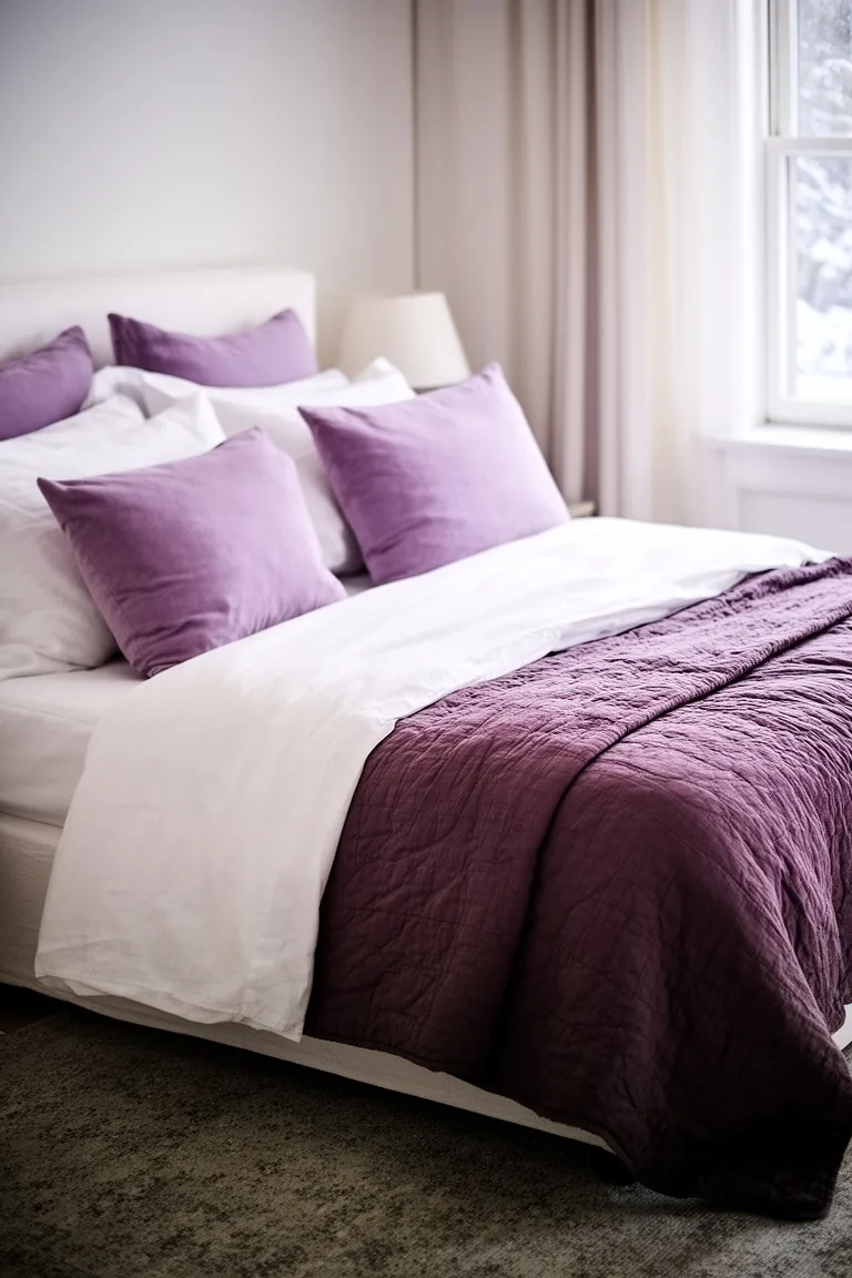 White bedding layered with a muted plum quilt and lavender shams