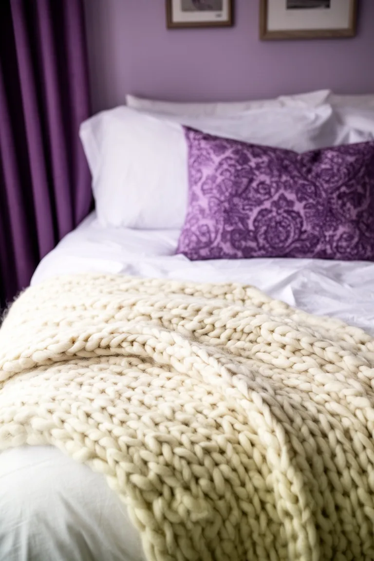 Foot-of-bed view with a cream knit throw and a purple accent pillow