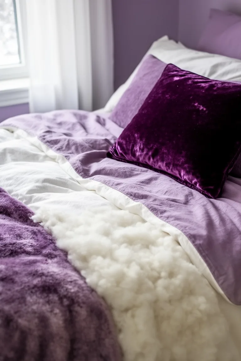 Close-up of a white duvet, lilac coverlet and an eggplant cushion