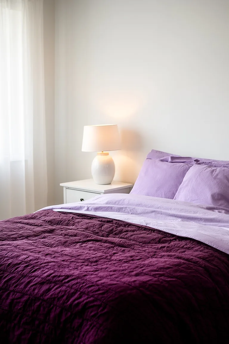 Serene white bedroom with a plum quilt and a glowing ceramic lamp