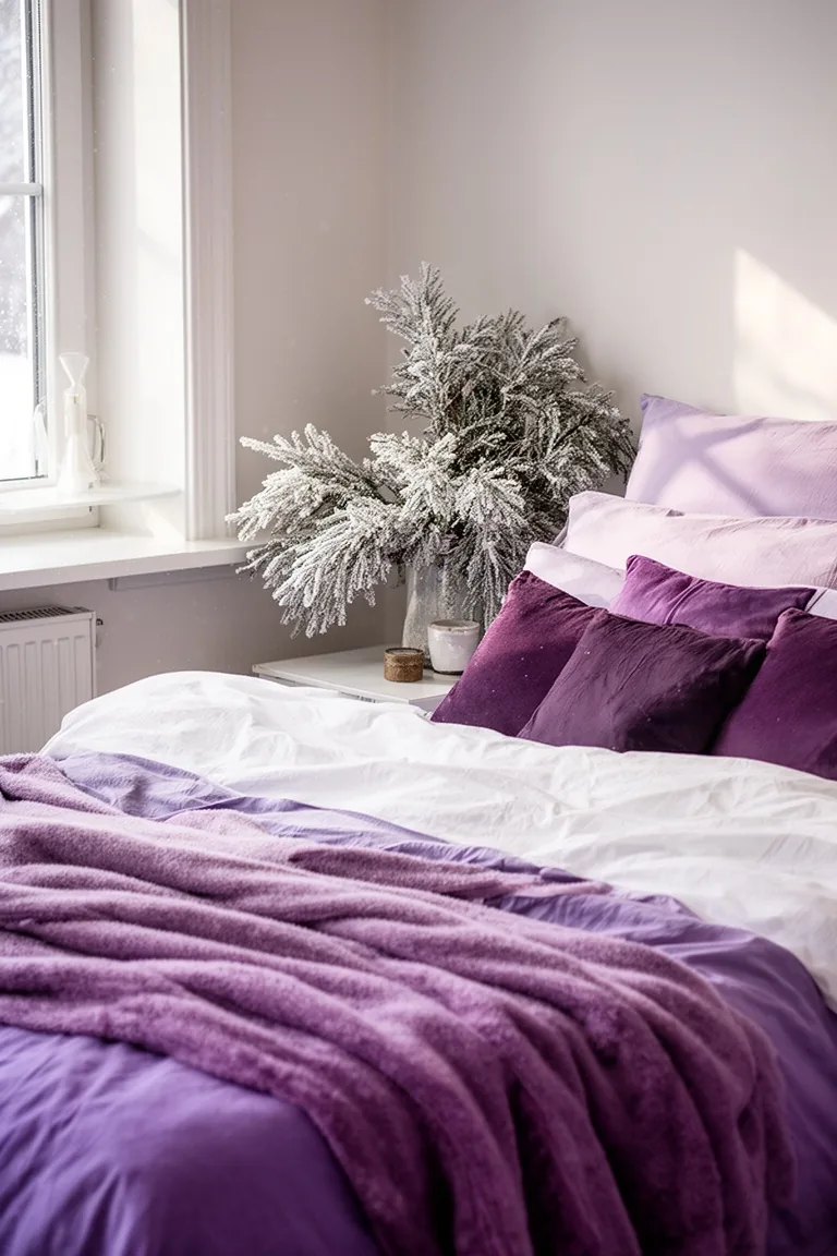 Made winter bed in white and lavender with frosted greenery nearby