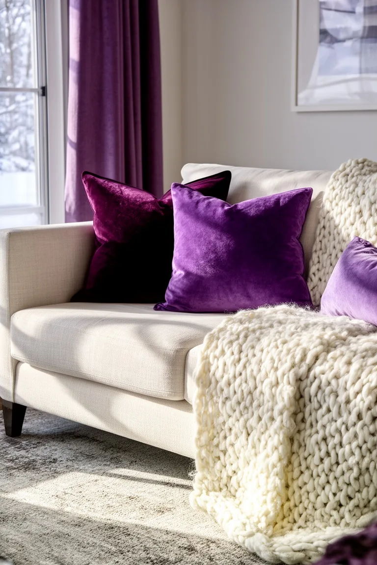 Cream sofa layered with eggplant and lavender velvet pillows and a white knit throw