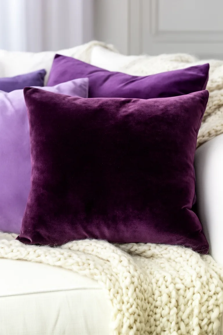 Stacked plum and lilac velvet pillows against a chunky cream blanket