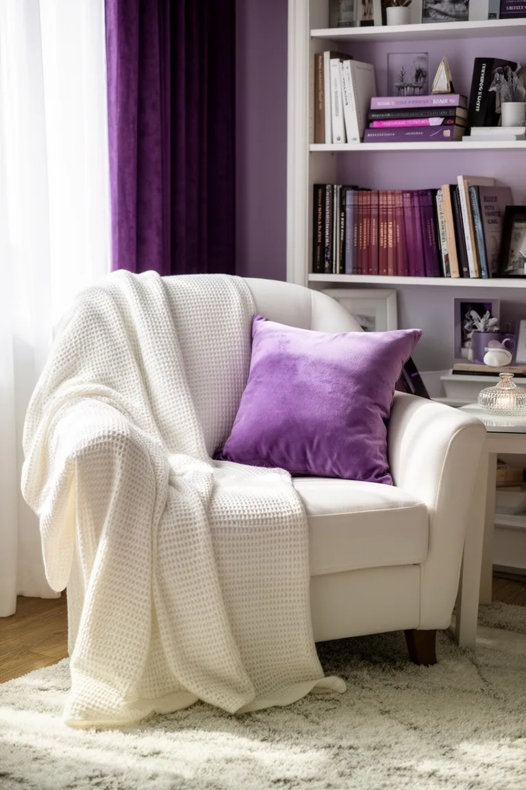 White armchair with a winter-white throw and a lavender velvet lumbar pillow