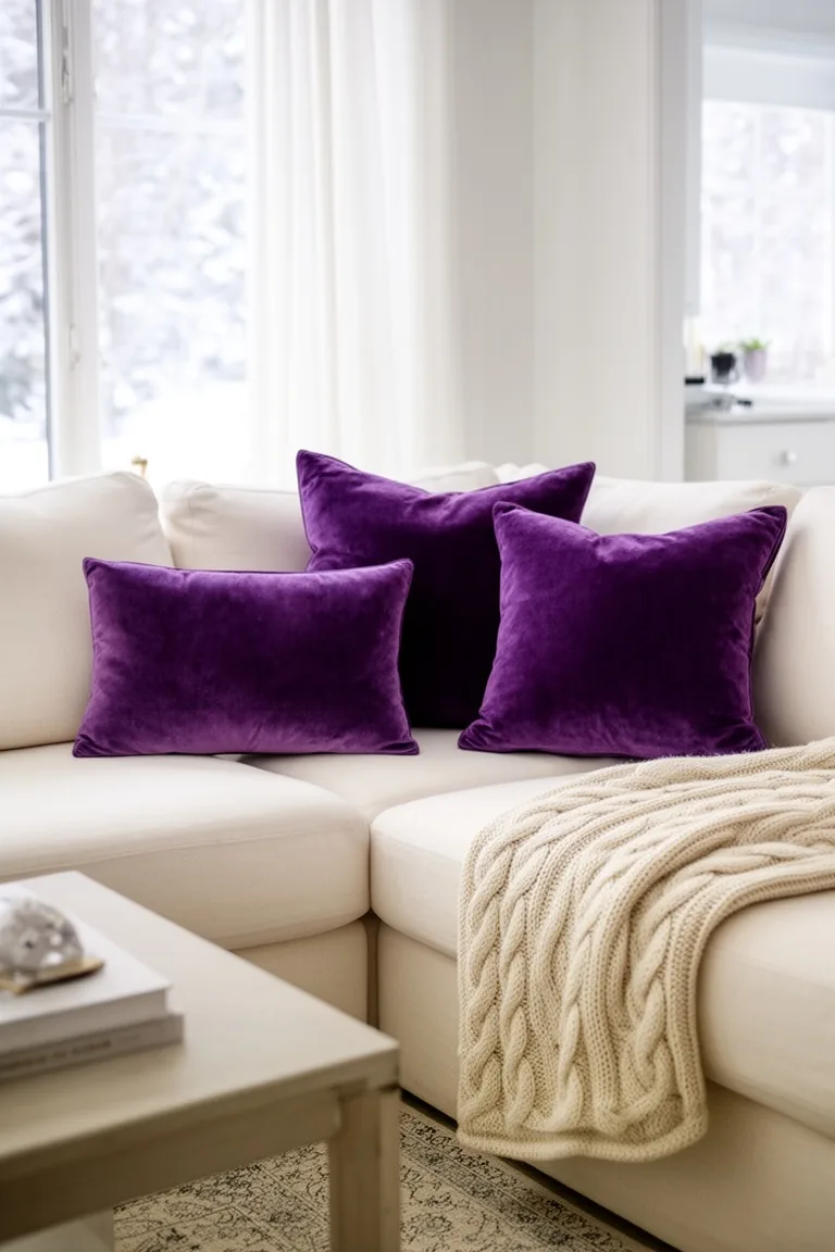 Ivory sectional styled with purple velvet pillows and a folded cream throw