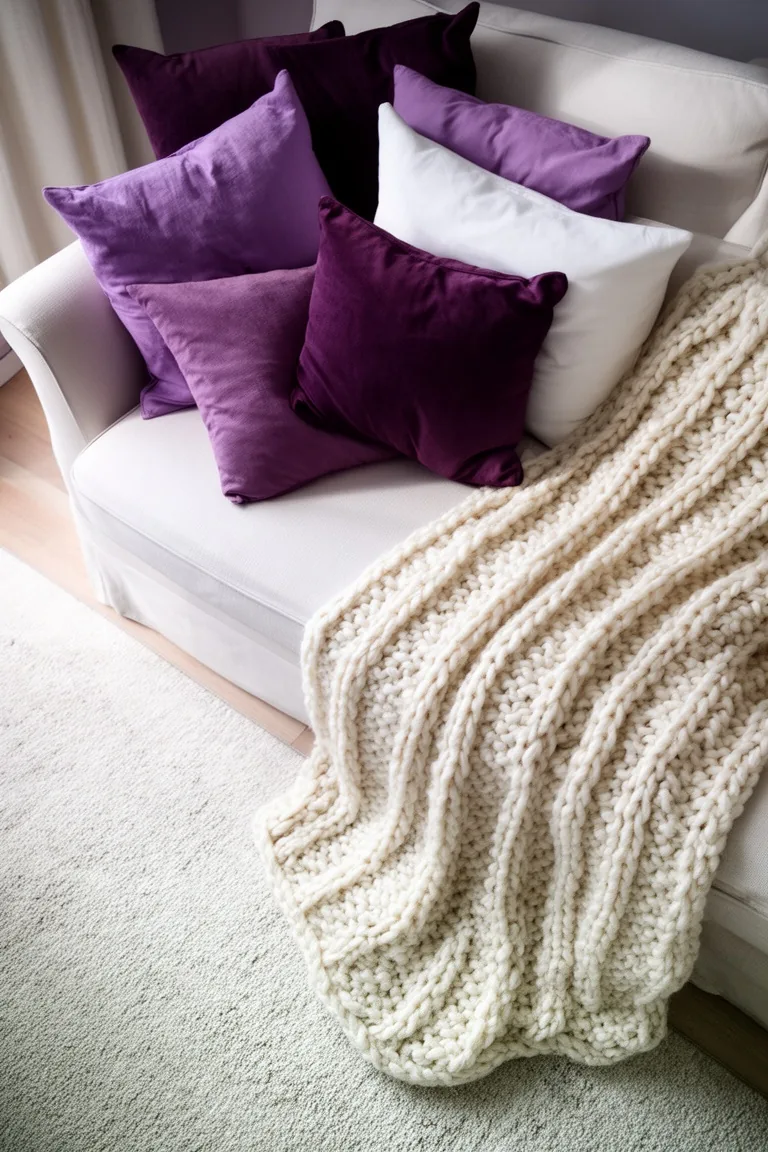 Sofa corner with mixed purple and white pillows and a knitted cream throw
