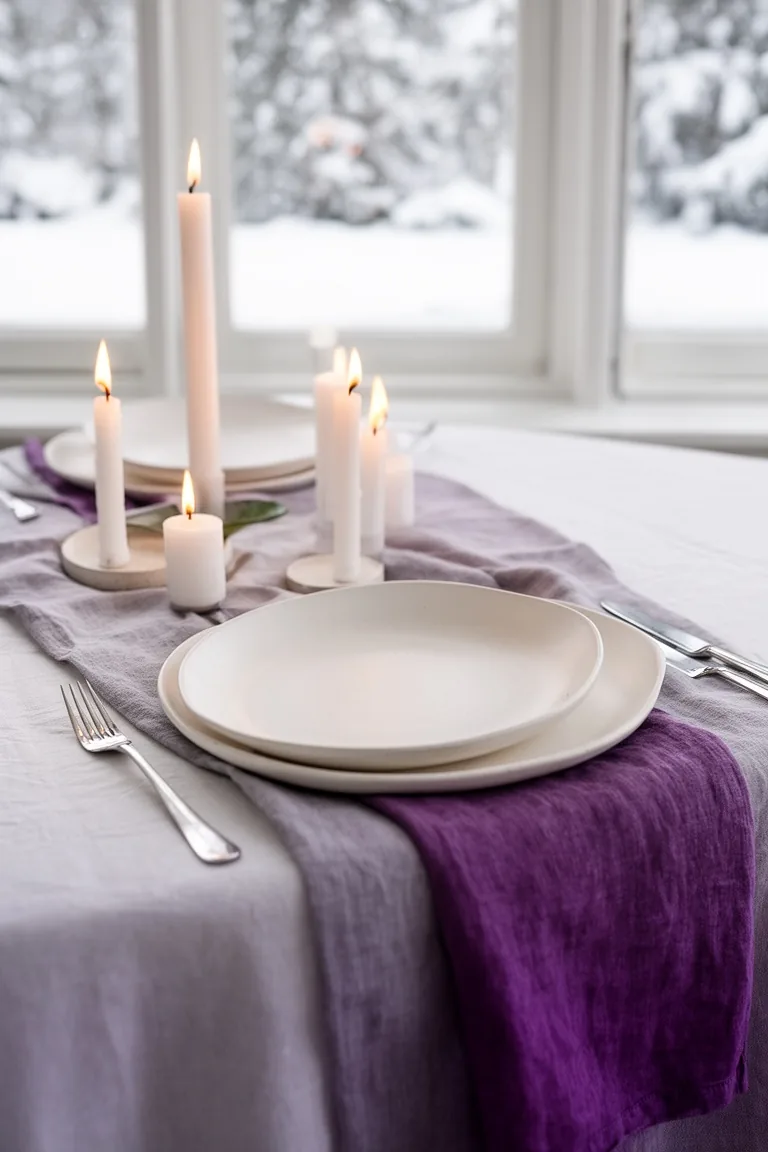 Snowy-minimal winter table with white plates, a lavender runner and purple napkins