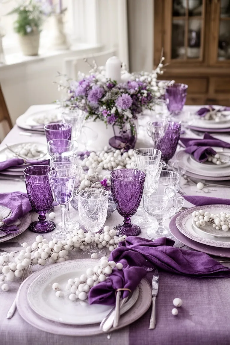 Overhead winter table with amethyst glassware and scattered white berries