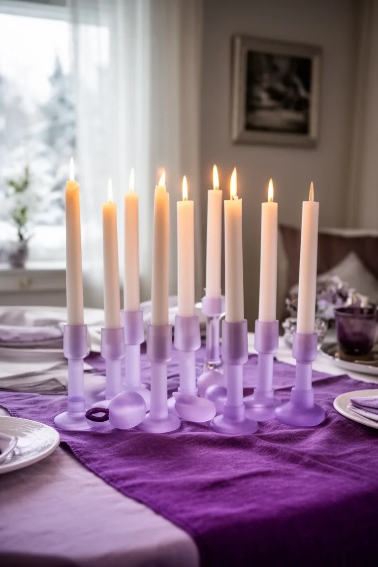 Low centerpiece of white taper candles with frosted lilac stems